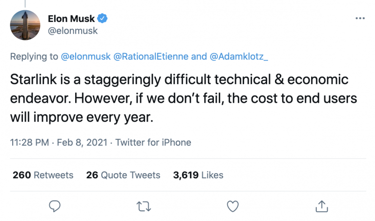 Elon Musk Tweet about Starlink